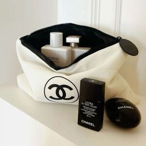 CHANEL White and Black Logo Cosmetic Pouch